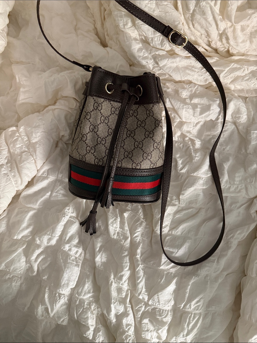 Gucci Beige GG Supreme Canvas Bucket Crossbody with Brown Trim and Green-Red Web